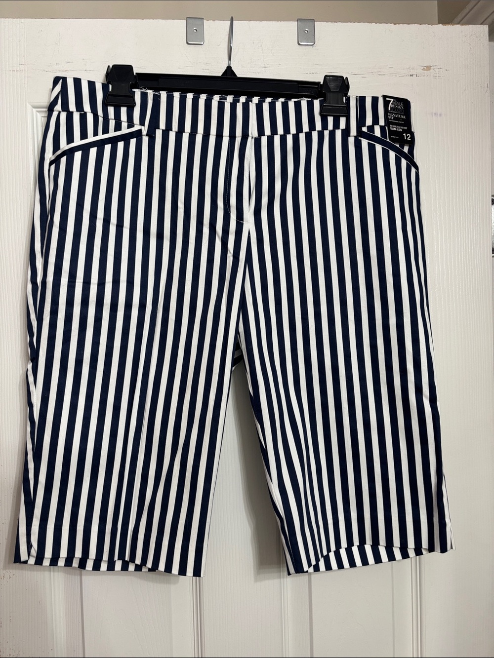 New York & Company Navy and White Vertical Stripe Bermuda Shorts
